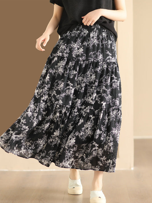 Women Summer Vintage Floral Cotton Loose Skirt CV1037