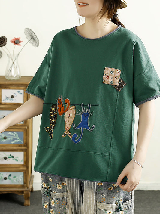Women Summer Casual Cat Fish Spliced Cotton Shirt CV1038