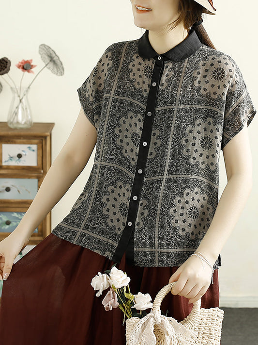 Women Summer Vintage Flower Button-up Ramie Shirt CV1054