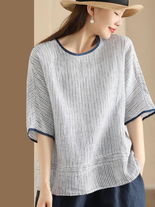Women Summer Vintage Stripe Spliced Linen Shirt CV1052
