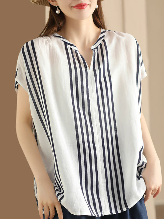 Women Summer Artsy Stripe V-Neck Thin Linen Shirt CV1053