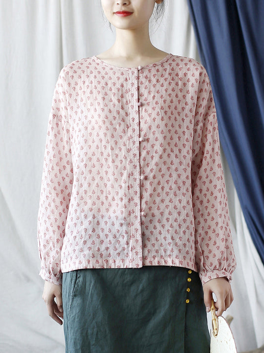 Women Vintage Floral Spring Ramie Button-up Shirt AA1004