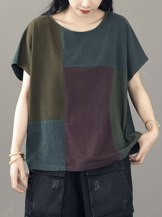 Women Casual Colorblock Cotton Pullover Shirt CV1030