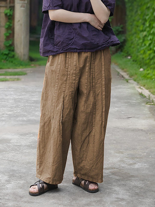 Women Summer Solid Vintage Spliced Cotton Wide-leg Pants CV1025