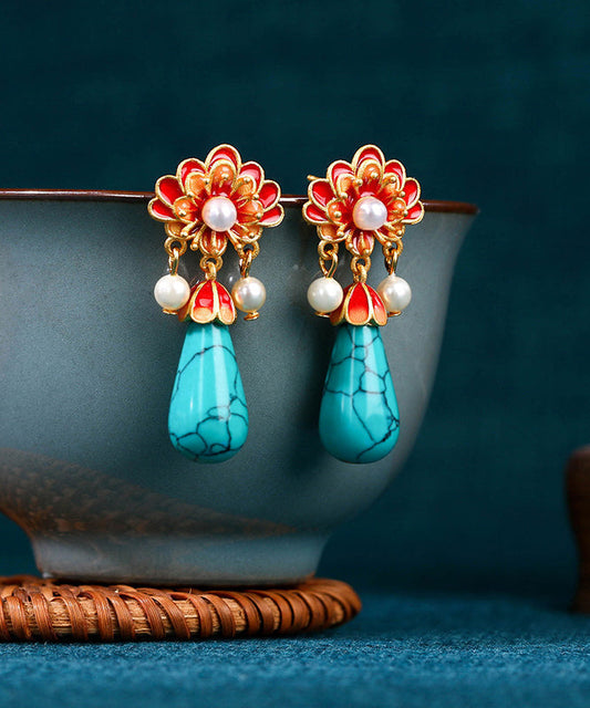 Retro Colorblock Ancient Gold Overgild Inlaid Pearl Enamel Floral Drop Earrings DF1029
