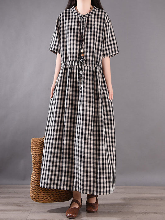 Women Summer Vintage Plaid Strap Linen Cotton Dress CV1036