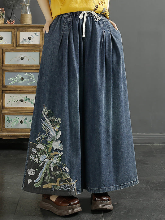 Women Vintage Ethnic Embroidery Wide-leg Denim Pants CO1052
