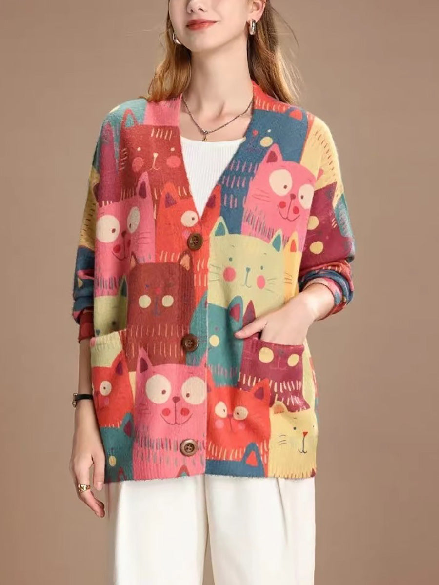 Women Spring Cute Cat Knitted Cardigan Sweater PA1005