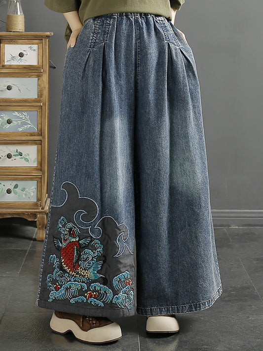Women Summer Vintage Koi Embroidery Wide-leg Denim Pants CO1049