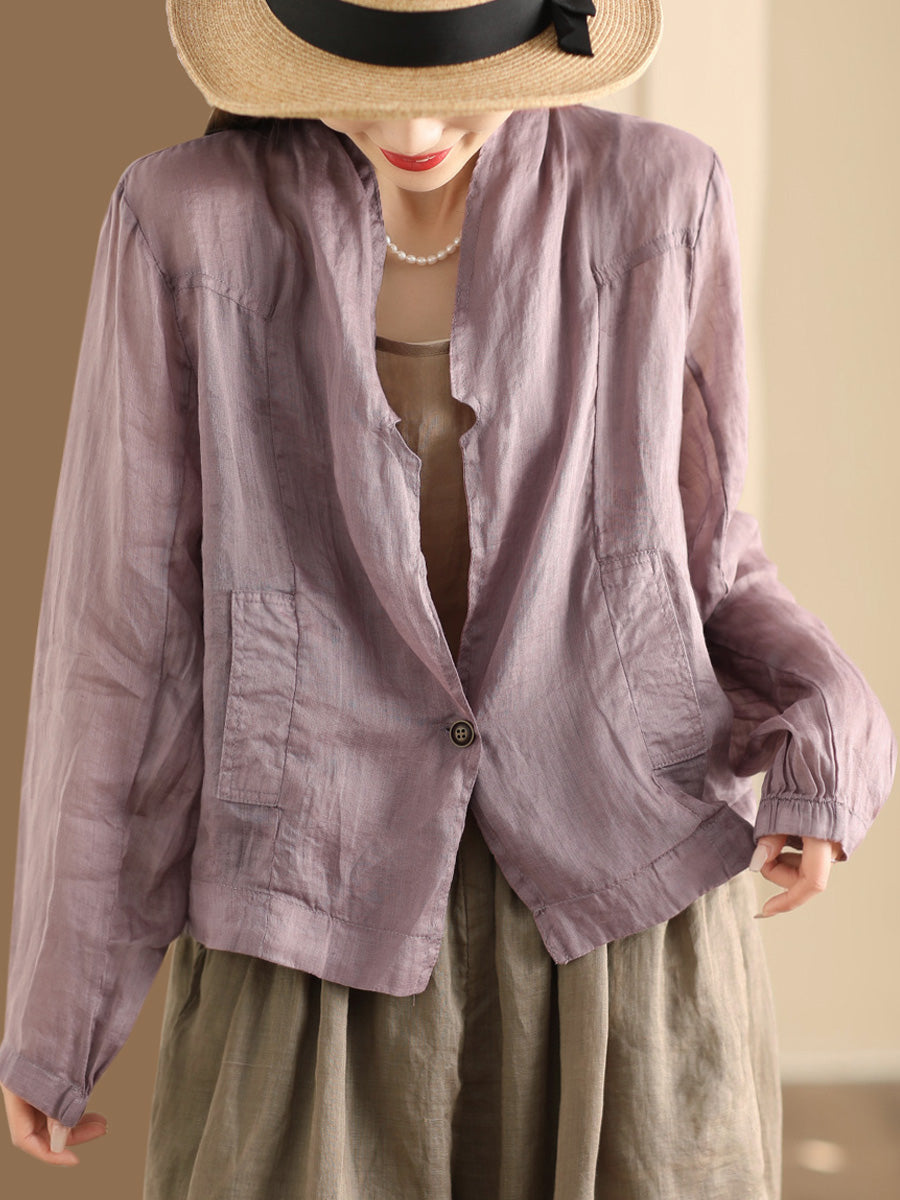 Women Vintage Solid Summer Ramie Thin Cardigan Shirt Coat SC1056