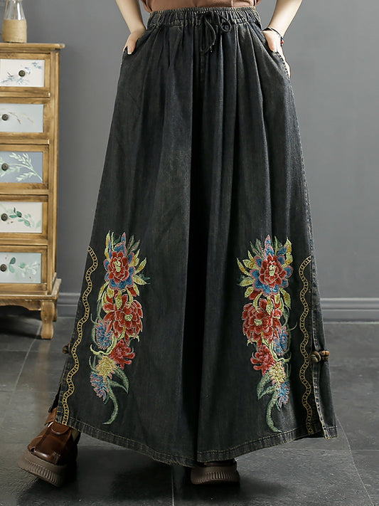 Women Summer Artsy Flower Embroidery Wide-leg Denim Pants CO1043