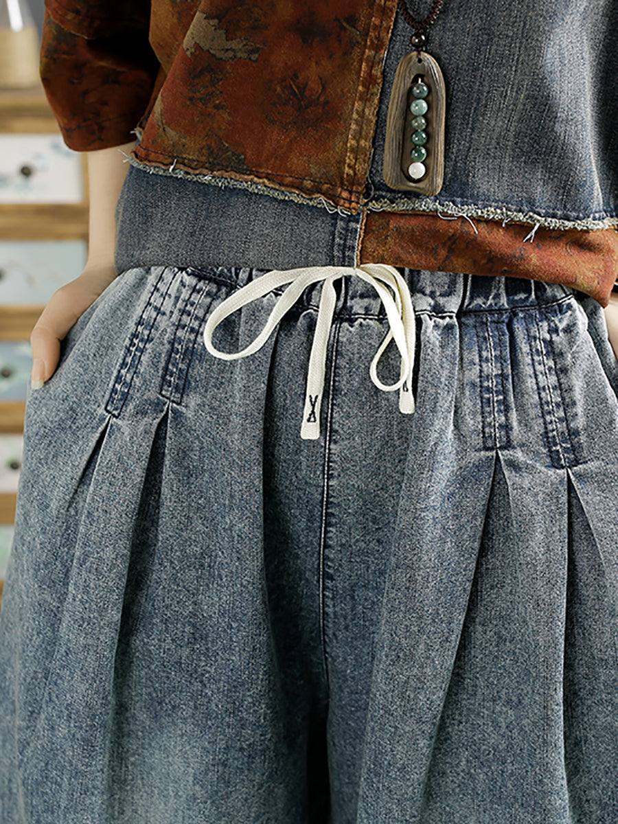 Women Summer Vintage Embroidery Denim Wide-leg Pants AA1039