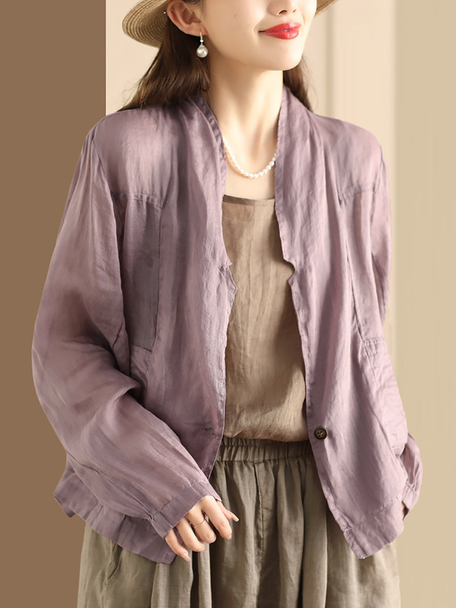 Women Vintage Solid Summer Ramie Thin Cardigan Shirt Coat SC1056