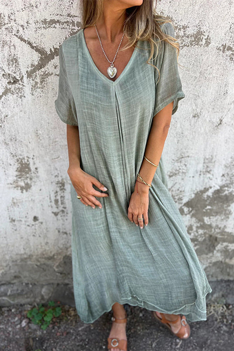 Casual Simplicity Solid Patchwork V Neck Short Sleeve Dress Ada Fashion