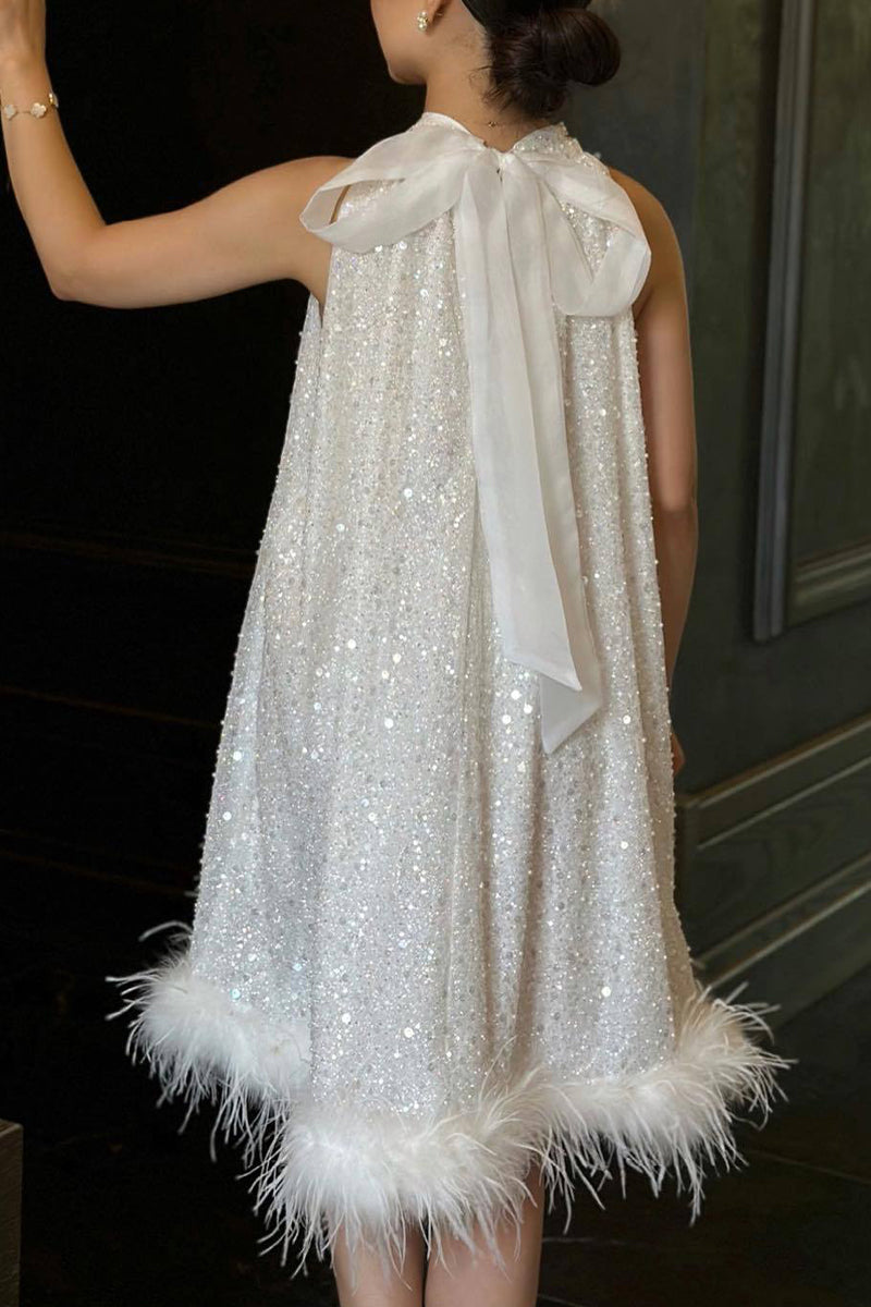 Celebrities Elegant Solid Sequins Feathers With Bow Halter Evening Dress Dresses Ada Fashion