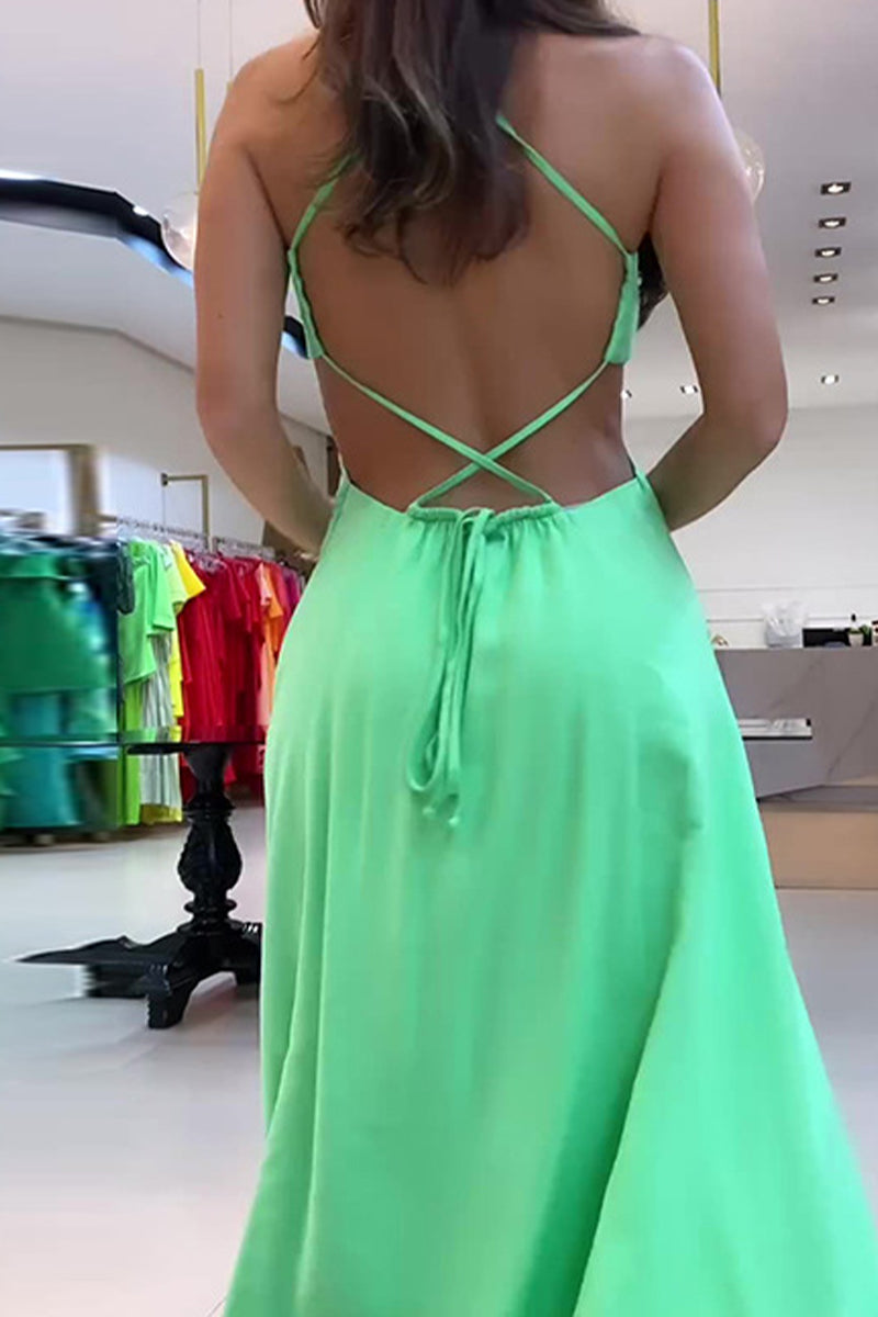Sexy Vacation Solid Backless Slit Strap Design Dresses Ada Fashion