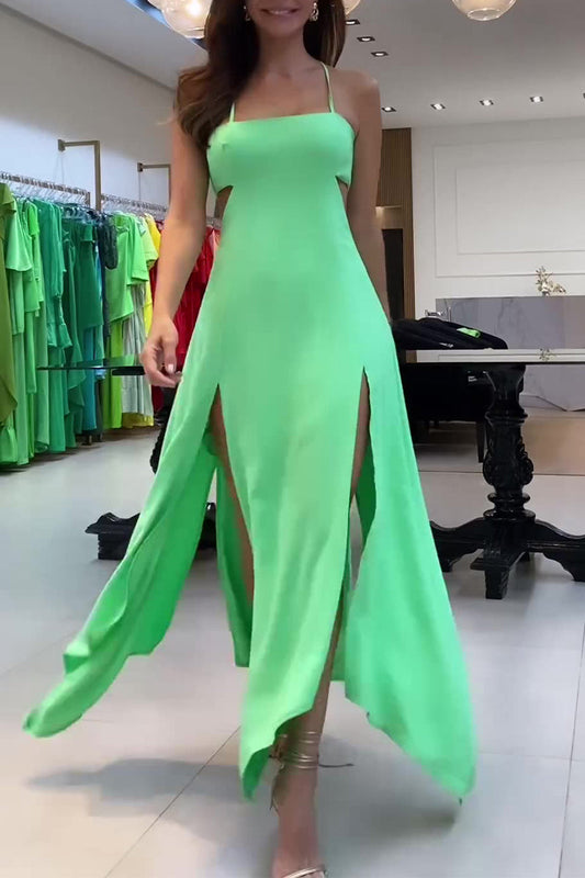 Sexy Vacation Solid Backless Slit Strap Design Dresses Ada Fashion