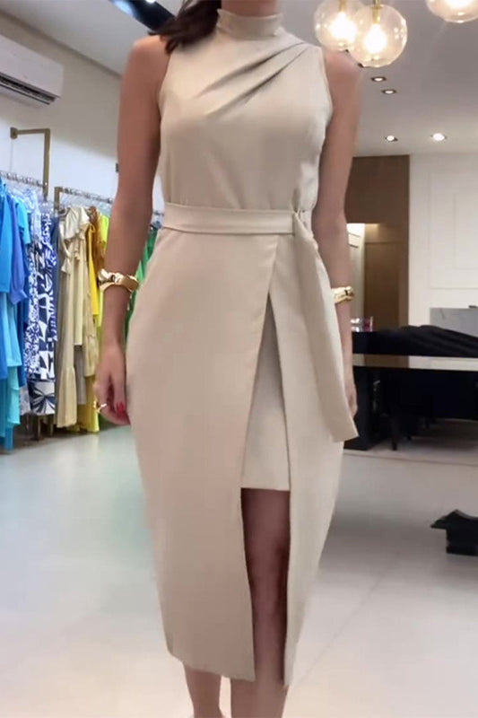 Celebrities Elegant Solid Bandage Slit Fold Turtleneck Wrapped Skirt Dresses Ada Fashion