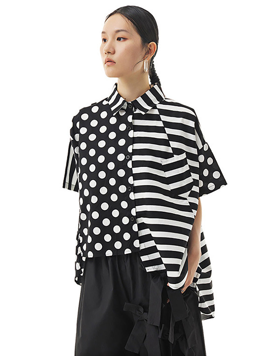 Plus Size Women Cotton Stripe Dot Loose Irregular Shirt AA1022