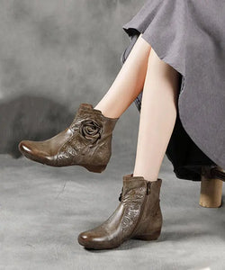 2023 Zippered Splicing Floral Wedge Boots Camel Cowhide Leather Ada Fashion