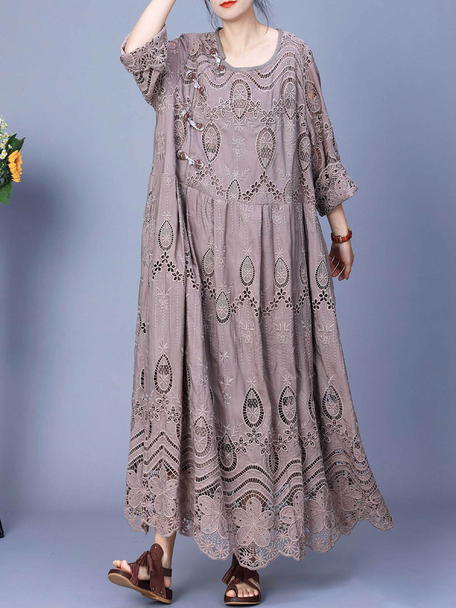 Women Summer Artsy Embroidery Loose Maxi Dress AA1031