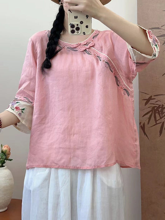 Women Summer Ethnic Embroidery Ramie Shirt QW1033