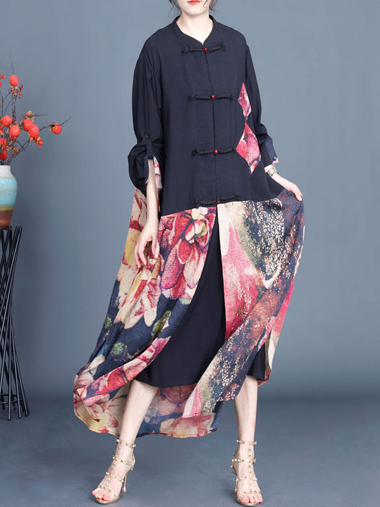 Women Summer Ethnic Flower Spliced Long Shirt Coat QW1008