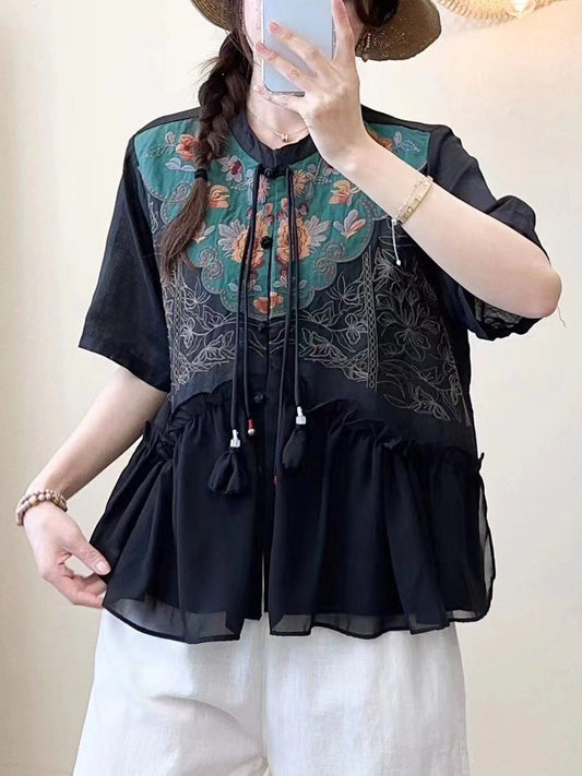 Women Summer Ethnic Embroidery Jacquard Shirt QW1012