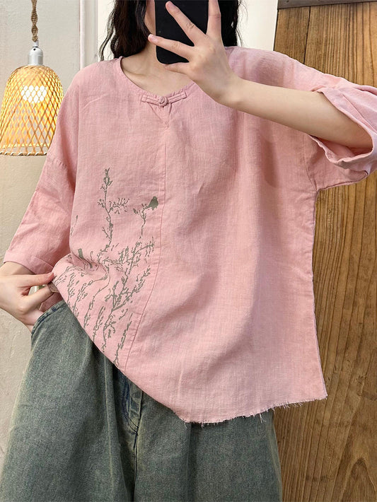 Women Summer Artsy Flower Print Linen Shirt QW1018