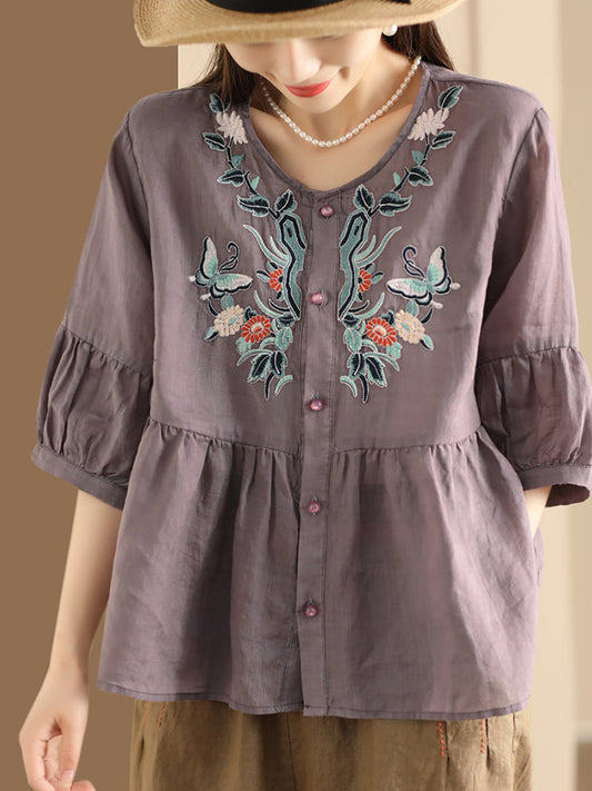 Women Ethnic Flower Embroidery Summer Ramie Shirt QW1015