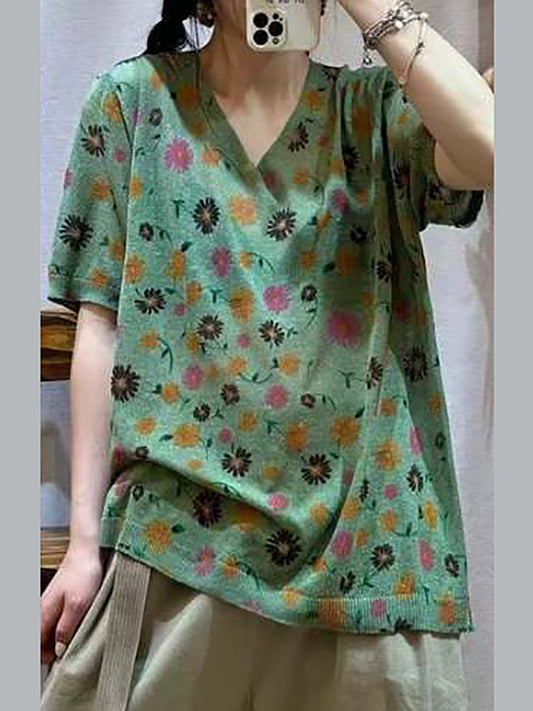 Women Casual Flower Summer V-Neck Loose Pullover Shirt QW1028