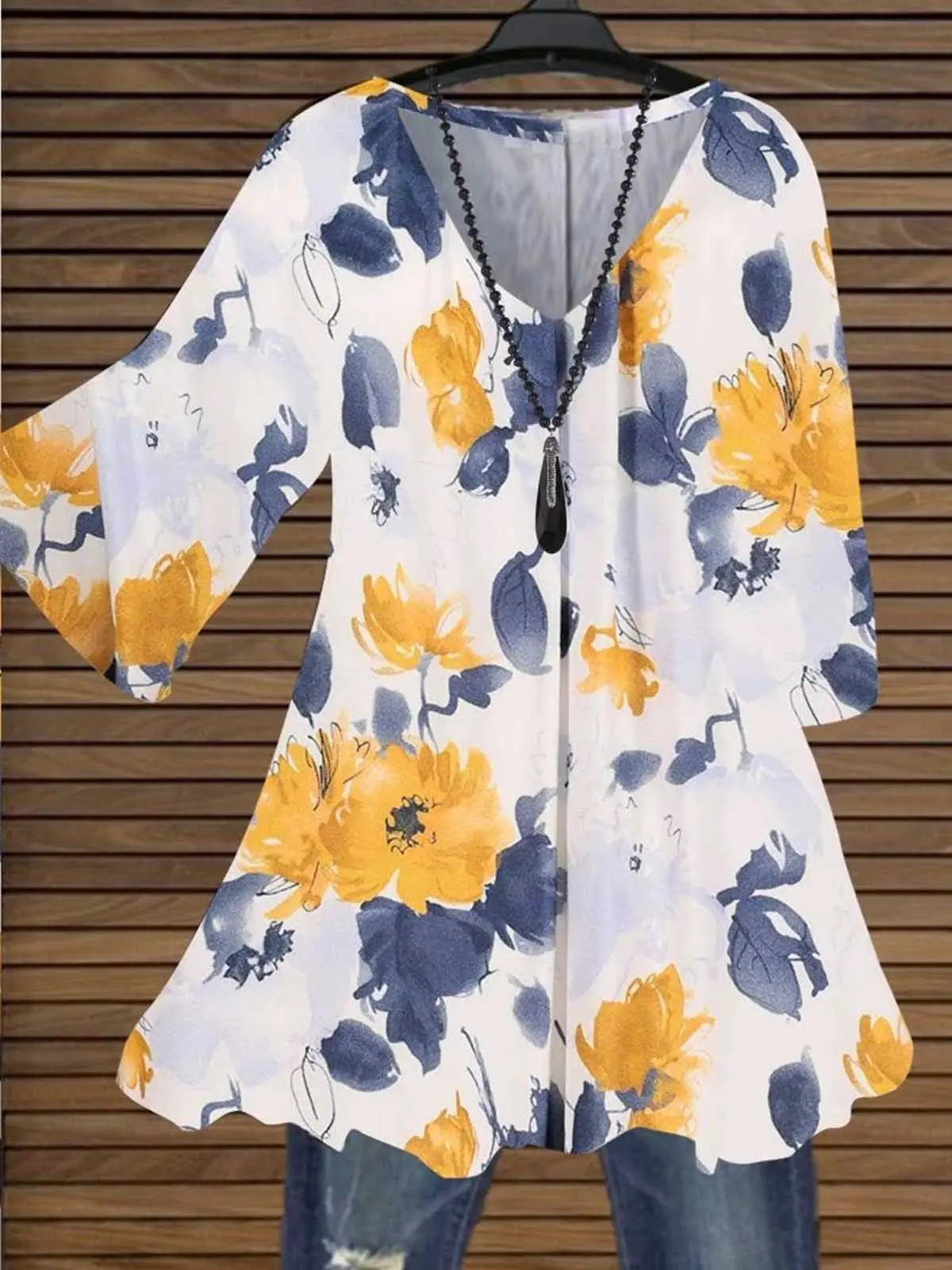 3/4 Sleeve V Neck Cotton Floral Tops AD082 mysite