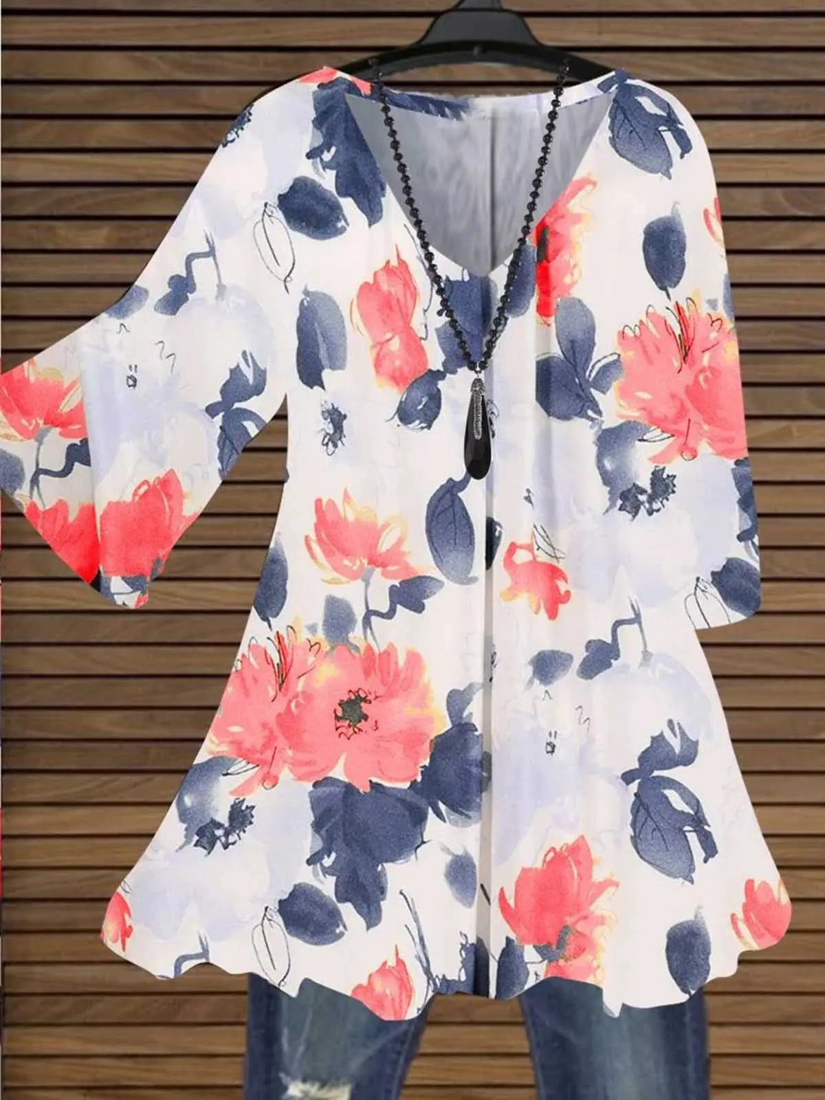 3/4 Sleeve V Neck Cotton Floral Tops AD082 mysite