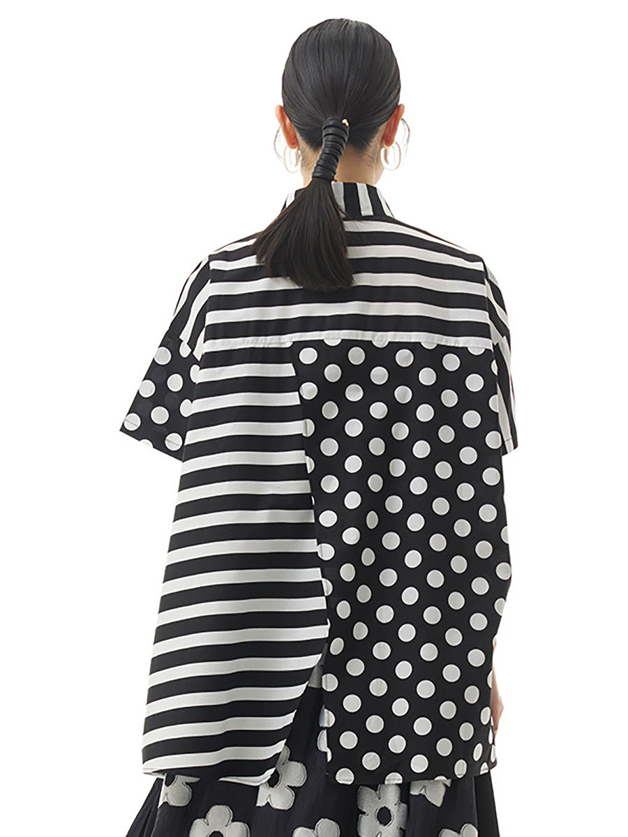 Plus Size Women Cotton Stripe Dot Loose Irregular Shirt AA1022