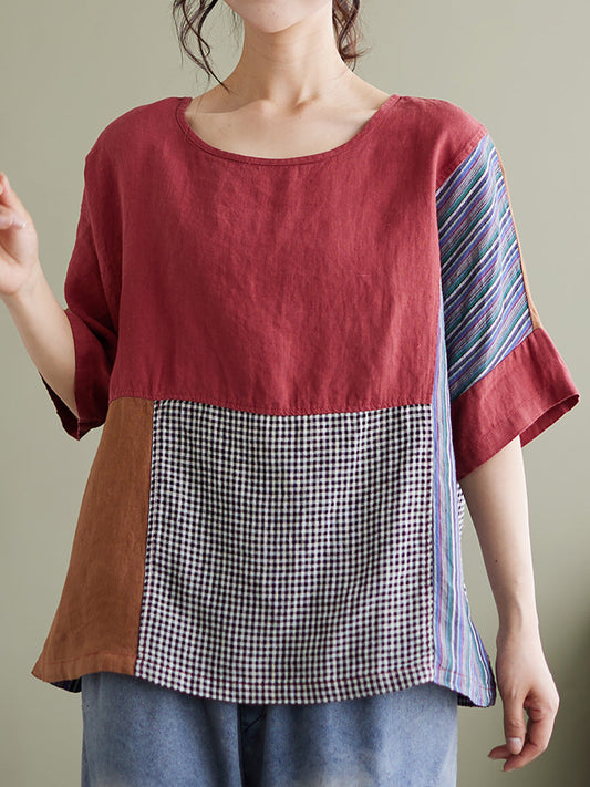 Plus Size Vintage Short Sleeve Women Patchwork Loose Shirt QW1031