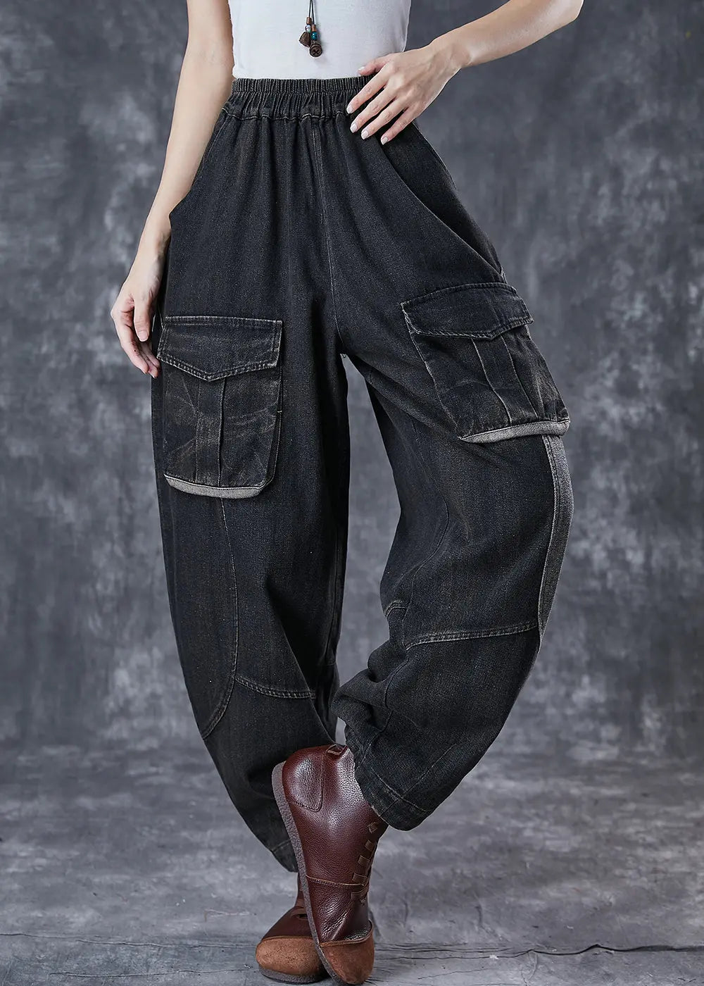 Art Black Oversized Patchwork Pockets Denim Pants Spring Ada Fashion