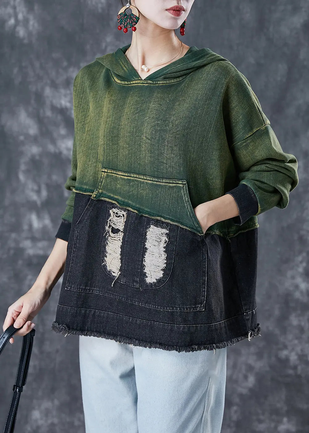 Art Colorblock Hooded Patchwork Cotton Ripped Sweatshirt Fall Ada Fashion