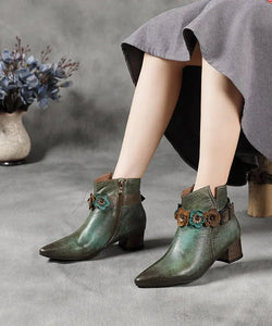 Art Green Floral Zippered Splicing Chunky Boots Pointed Toe Ada Fashion