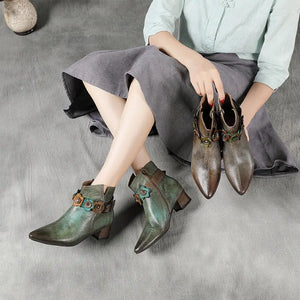 Art Green Floral Zippered Splicing Chunky Boots Pointed Toe Ada Fashion