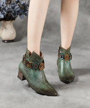 Load image into Gallery viewer, Art Green Floral Zippered Splicing Chunky Boots Pointed Toe Ada Fashion

