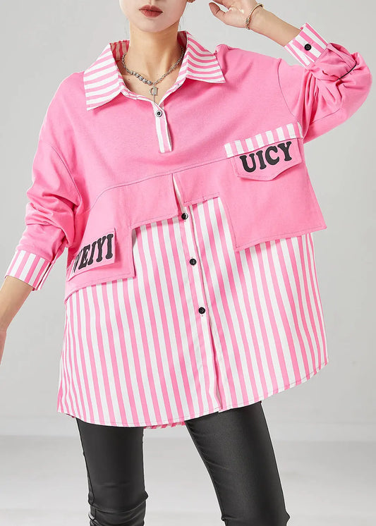 Art Pink Oversized Patchwork Striped Cotton Sweatshirts Top Fall Ada Fashion