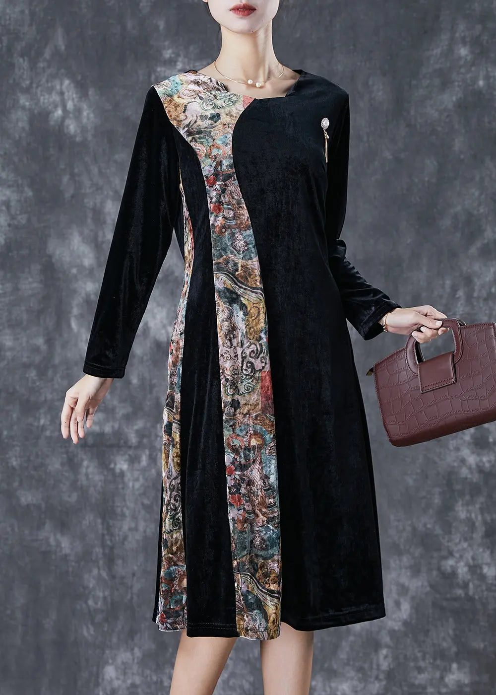 Beautiful Black Exra Large Hem Patchwork Silk Velour Vacation Dresses Fall Ada Fashion