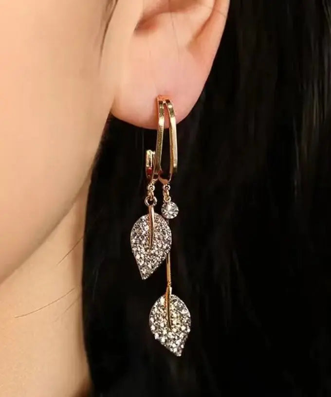 Beautiful Gold Sterling Silver Zircon Leaf Drop Earrings Ada Fashion