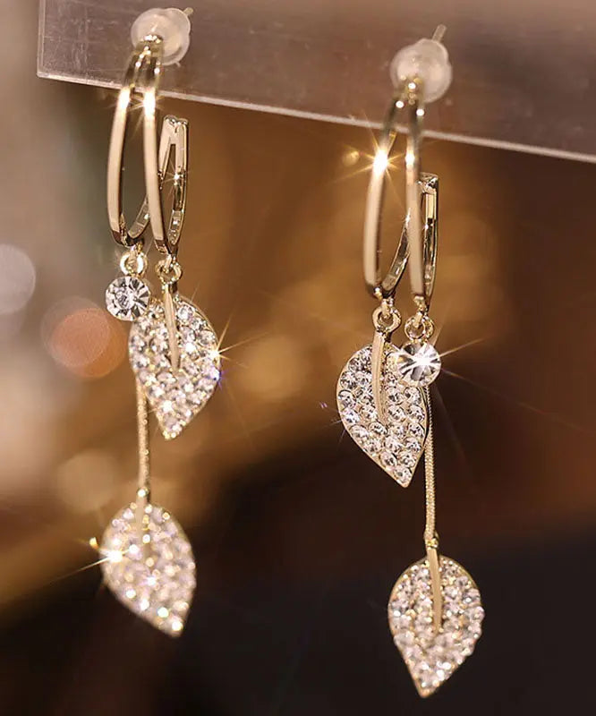 Beautiful Gold Sterling Silver Zircon Leaf Drop Earrings Ada Fashion