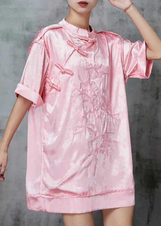 Beautiful Pink Embroidered Chinese Button Silk Mini Dress Spring JK1006 Ada Fashion