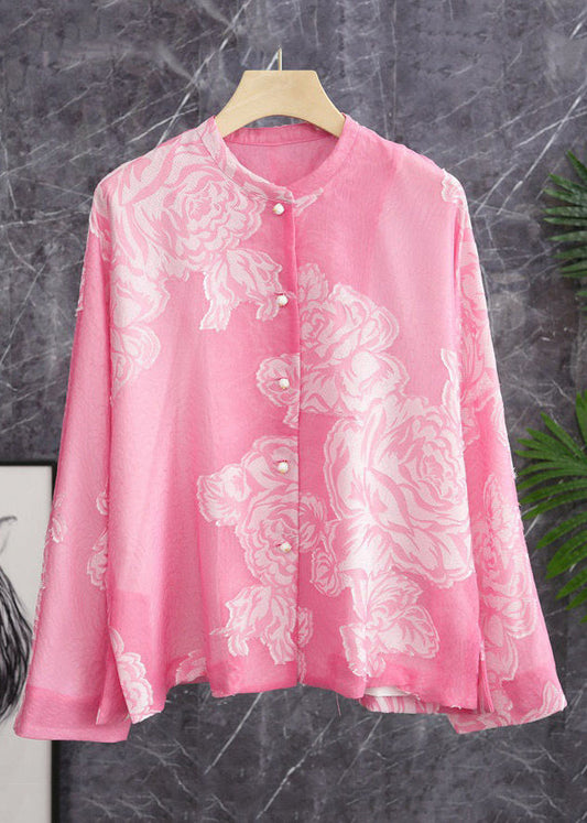 Beautiful Pink O Neck Button Print Silk Shirt Long Sleeve Ada Fashion