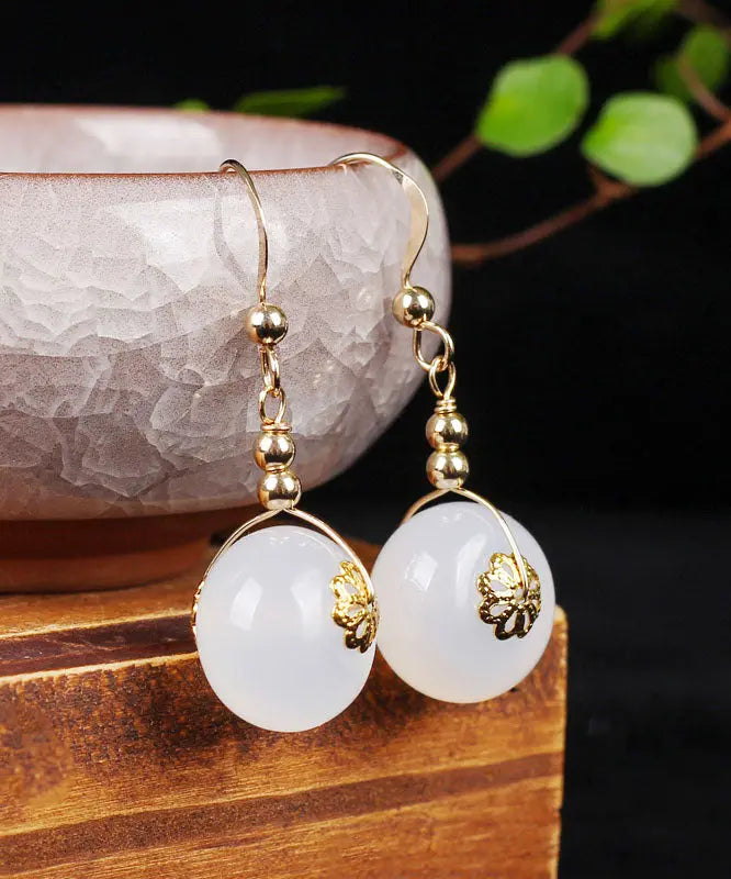 Beautiful White 14K Gold Chalcedony Floral Drop Earrings Ada Fashion