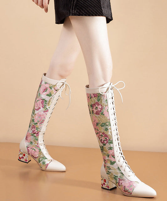 Beige Zircon Splicing Lace Up Genuine Leather Chunky Knee Boots RT1069