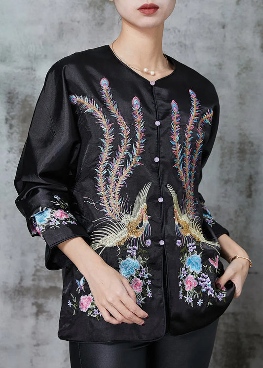 Black Chinese Style Silk Coat Embroidered Spring Ada Fashion