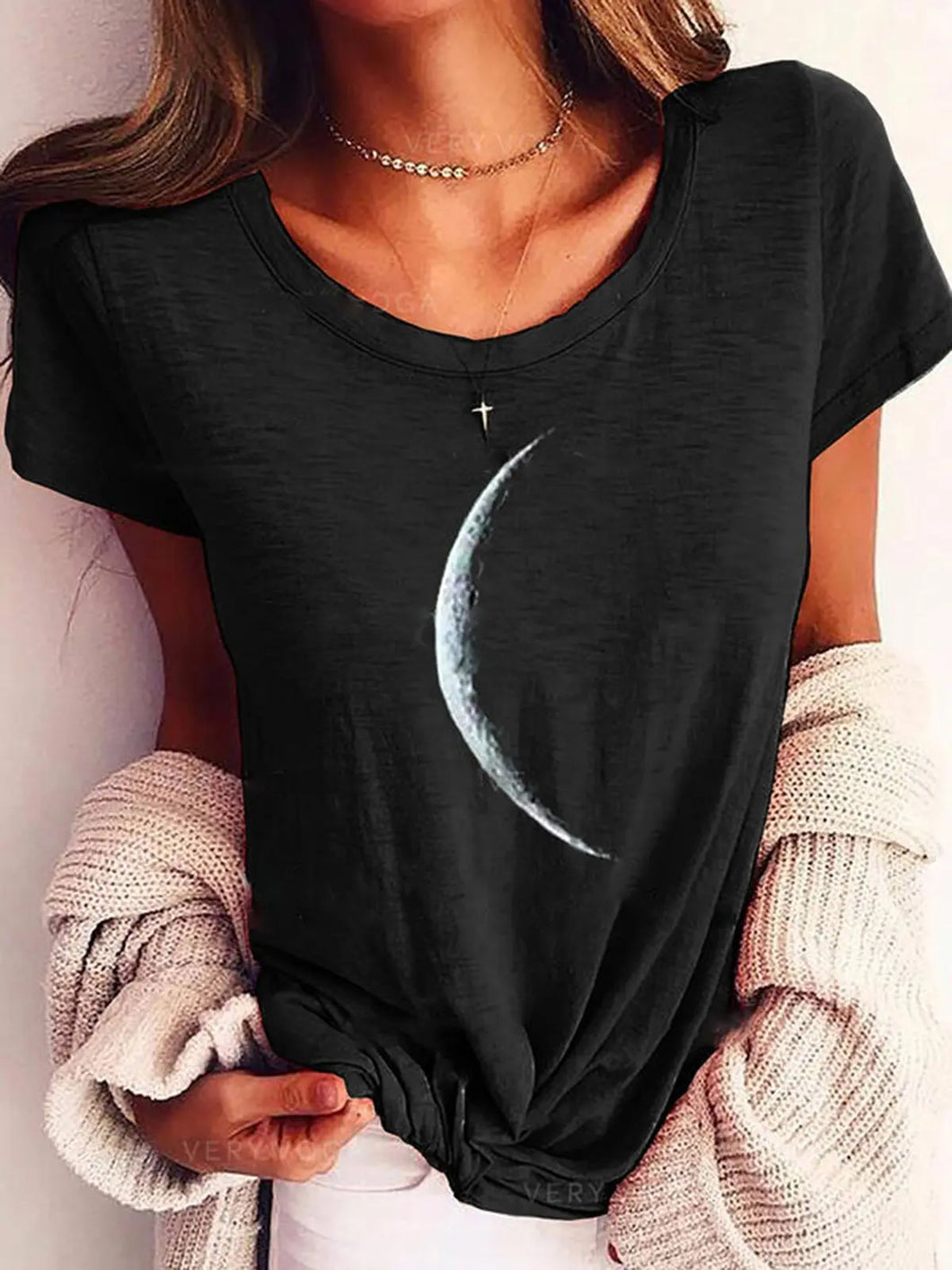 Black Moon Printed Club Daily Casual Short Sleeve Shift Shirts & Tops AD475 mysite